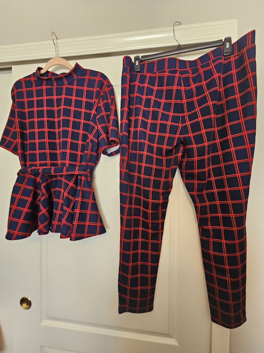SHEIN Navy and Red Plaid Straight-Leg Pants
